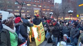 NYC: Speaker leads protestors on International Women's Day in Union Square
