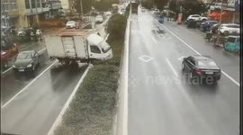 Out-of-control lorry swerves and smashes through embankment on Chinese town road