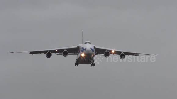 Heart-stopping moment Antonov plane landing gear lifts up after touchdown in Germany