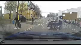 Mobility vehicle almost knocked over after running red light in Rugby, UK