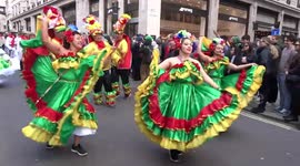 St Patrick's Day Parade in Regent Street St James's - dancers in Irish and Latin American costumes