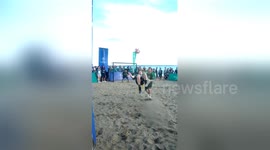 Italian soccer legend Del Piero injures himself after performing overhead kick playing Bali beach soccer