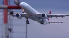 Extreme 60 Knots Storm - Turkish Airlines A330 aborted landing, go around and final landing at Düsseldorf airport