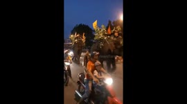 The elephants move on the crowded streets