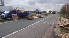 Wooden Pallets block A50 exit ramp after van crashes.