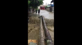 Locals in Indonesia build bridge out of coconut tree trunks during flash floods