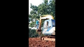 Smart workers use the excavator to pick fruits