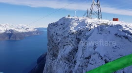 Working on a tower 1000 above the fjord in Greenland