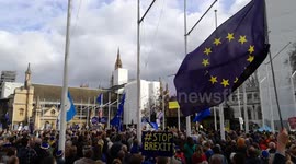 Steve Coogan addresses the crowds during the 'People's Vote' march