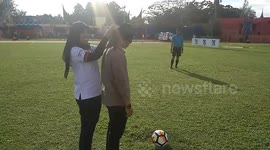 Man tries to penalty in empty net after being blindfolded and spun around