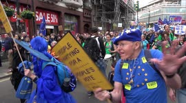 Pro and Anti Brexit Protesters Dancing to Drummers During Brexit March