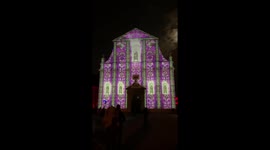 Festival of Light in Zagreb on the facade of baroque Church of. St. Catherine, shows vitrays from the windows on a front facade. 3D projection is followed by Ave Maria and celebrates first day of Spring.