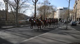 Horses of the French mounted guard along the Seine River. Paris, France. 25 march 2018