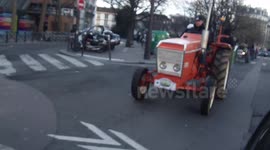 Farmers on tractors on the road toward Paris Charlie Hebdo March January 11, 2015