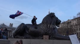 Anti-Brexit protester waves flags on top of Trafalgar Square lion statue