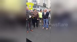 French protester addresses crowd with loudhailer in Angers
