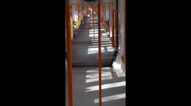 Satisfying footage of completely empty train with sunlight streaking in.