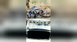 Newsflare Edit - Group of people work together to try and move a tree on the road in Costa Rica which fell due to wildfires.