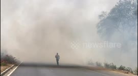 People and vehicles appear out of smokescreen from field fire in central India