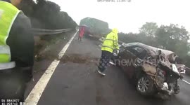 Car nearly flattened after overtaking and changing lane in front of semi-truck
