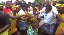 Hard-headed Hindu devotees crack coconuts on each other's heads