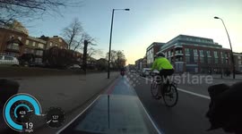 Suicidal pedestrian nearly gets hit by 2 cyclists