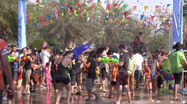 Songkran festival fun at Ayutthaya, Thailand, even the elephants join in.