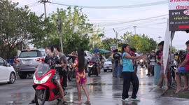Thai people celebrate Songkran festival, at Pathumthani, Thailand.