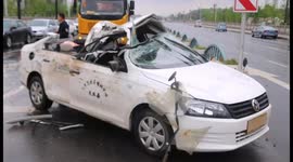 Out-of-control lorry slides into car and rips its roof off in China