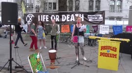 Extinction Rebellion Parliament Square - speaker outlines no drinks and no drugs policy at peaceful non-violent climate change protests