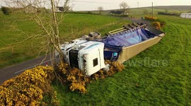 Over Turned Lorry On Mountain Road - Drone View