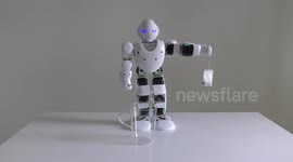 A domestic android humanoid robot try brewing tea for his master by steeping a tea bag in a glass with boiling water, but his artificial intelligence cannot find the glass. With human hand