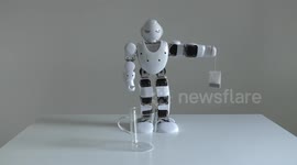 A domestic android humanoid robot practicing brewing tea for his master by steeping a tea bag in an empty glass of water, but his artificial intelligence cannot find the glass. Oh well.