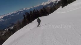 First person view of disability tandem sit-skiing at Swiss alpine resort