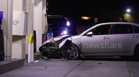 Vehicle Crashes Into Gas Pumps After Taking Down Signal Light Pole, Driver Flees the Scene