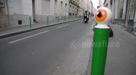 Pareidolia.Paris. Eyes painted on street poles of Paris 17th arrondissement, Batignolles. 1 may 2019