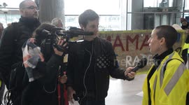 Sophie TISSIER, a Yellow vests leader protests  against the privatisation of ADP(Aéroport De Paris) and President MACRON's politic system. CDG airport, Roissy, Paris suburb, France. 4 may 2019. 11h