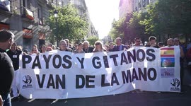 Gypsy people protest in Madrid against racism and discrimination and ask for equal rights.