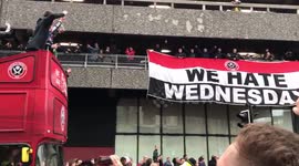 Sheffield United fans celebrate promotion with open-top bus tour chanting 'We hate Wednesday!'