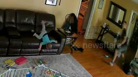 US dad's incredible reflexes saves baby from face planting off a sofa