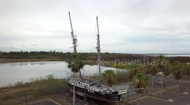 Aerial View Close-Up Drone Flight old Abandoned Sail Ship at Laguna Quays Marina
