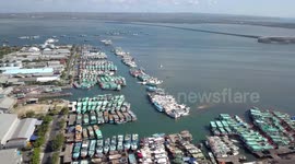 2.7K Aerial View of the Bali Harbour with traditional Wooden Fishing Boats