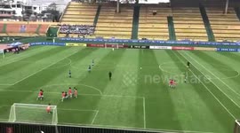 Primary school student scores free-kick from an incredible distance in football match