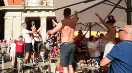 Liverpool fans in the square mayor in Madrid, Spain