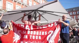 Liverpool fans put their flag at Plaza Mayor in Madrid, Spain