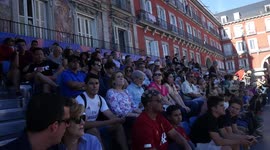 A football field is settled at Plaza Mayor in Madrid, Spain