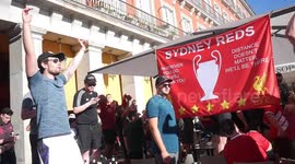 Liverpool fans fill Plaza Mayor with football chants in Madrid, Spain.