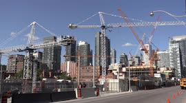 Cranes and condos under construction as massive building boom and gentrification continues in Toronto Canada