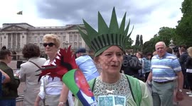 Environmentalist Auriel Glanville gives her views on Donald Trump and climate change outside Buckingham Palace on day one of President Trump state visit to the UK