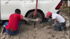 Rescuing 4x4's stuck in pans on the way to Kubu Island Botswana